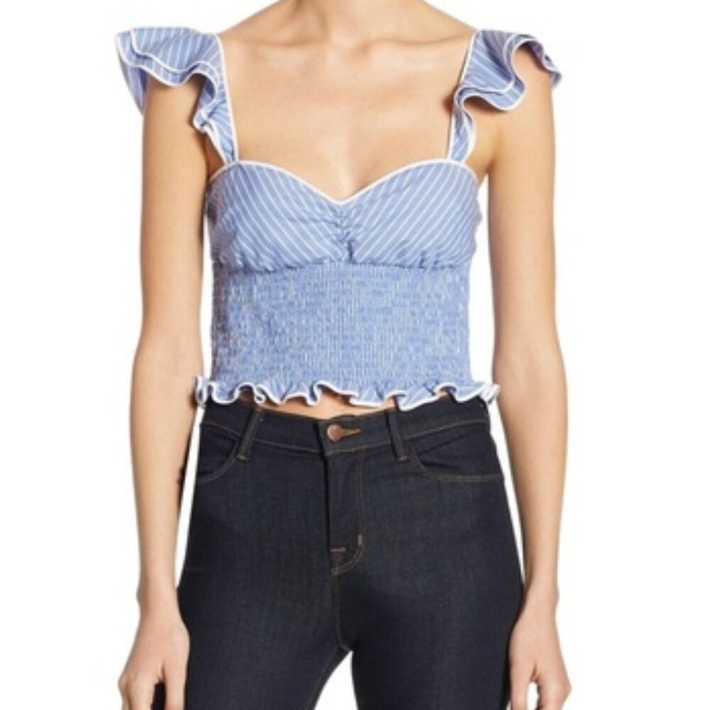 Likely Cypress Medium Blue White Stripe Top Smocked Crop Flutter Sleeves Cotton